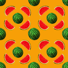 Seamless watermelons pattern on yellow background. background with gouache watermelon slices. Fresh fruits seasonal background flat style