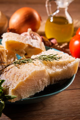 salted codfish on the wooden table with ingredients. Codfish raw.