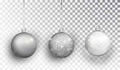 Silver Christmas tree toy set isolated on a transparent background. Stocking Christmas decorations. Vector object for christmas design, mockup. Vector realistic object Illustration 10 EPS.