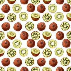  Watercolor seamless pattern with flowers, ripe fruits, branches and leaves of a kiwi tree