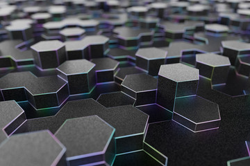 3D rendering of hexagonal mesh, thin colorful edges
