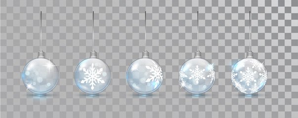 Glass New Year balls set with snowflake pattern on a transparent background. Christmas bauble for design. Xmas festive decoration objects. Xmas isolated shine decor.