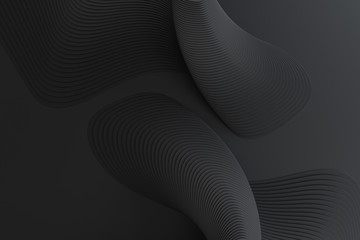 3D rendering of black abstract curved lines on black matte surface