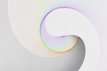 3D rendering of abstract background, white curves converging in a rainbow spiral.