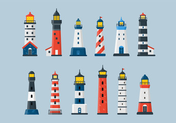 Obraz na płótnie Canvas Collection of Lighthouses. Flat beacon navigation set. Vector water Light Houses clip art.