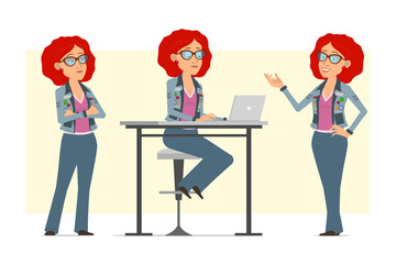 Cartoon flat funny redhead hippie woman character in glasses and jeans jacket. Ready for animation. Girl working on laptop and posing on photo. Isolated on yellow background. Vector set.