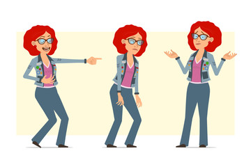 Obraz premium Cartoon flat funny redhead hippie woman character in glasses and jeans jacket. Ready for animation. Girl tired, laughing and showing misunderstanding. Isolated on yellow background. Vector set.