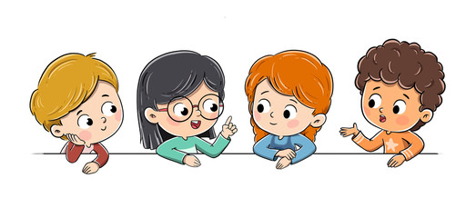 Grupo de ni&ntilde;os hablando entre ellos de diferentes g&eacute;neros y razas
