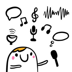 Cute man and microphone podcast illustration in doodle style kawaii face