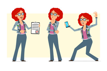 Cartoon flat funny redhead hippie woman character in glasses, jeans jacket. Ready for animation. Girl thinking, showing to do list and fighting with phone. Isolated on yellow background. Vector set.