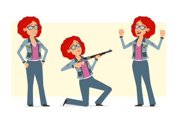 Cartoon flat funny redhead hippie woman character in glasses and jeans jacket. Ready for animation. Girl showing muscles and shooting from shotgun. Isolated on yellow background. Vector set.