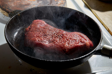 Frying meat in a pan