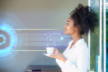 young black woman with tablet computer background technology