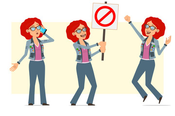 Cartoon flat funny redhead hippie woman character in glasses and jeans jacket. Ready for animation. Girl talking on phone, holding no entry sign and jumping. Isolated on yellow background. Vector set.