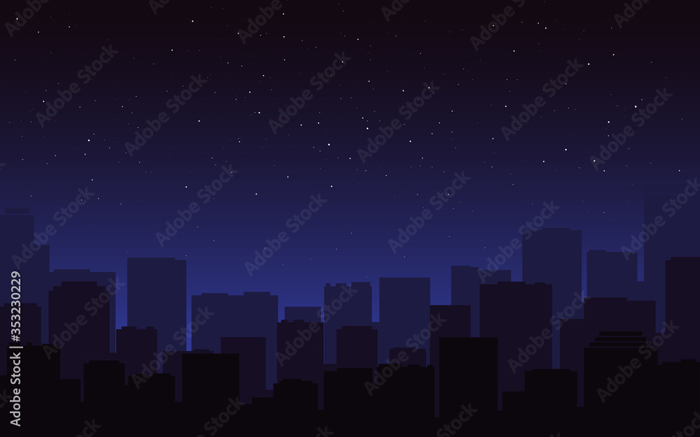 Wall mural city silhouette night. dark blue cityscape skyline. urban view, buildings in the fog. starry night s