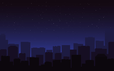 City silhouette night. Dark blue cityscape skyline. Urban view, buildings in the fog. Starry night sky and street panorama. Modern city and stars for poster, banner. Vector illustration © Vegorus