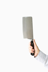 Meat cleaver knife in a female hand isolated on white background
