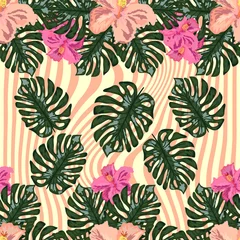 Foto op Plexiglas Seamless exotic pattern with tropical leaves and flowers on a white background. Hibiscus, palm © MichiruKayo