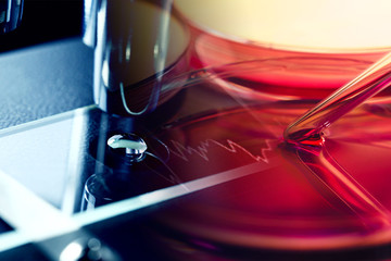 Petri dishes and liquid material. Laboratory concept.