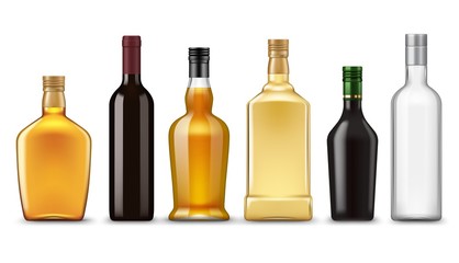 Fototapeta Realistic alcohol drink bottles, vector mockups. Glass bottles of wine, vodka, whiskey, gin and brandy, liqueur, cognac, scotch, bourbon and rum alcoholic beverages on white background obraz