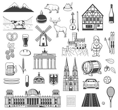 Germany vector objects, symbols and characters. Beer and sausage, pretzel. Bavarian hunting hat, Brandenburg Gate and fachwerk house building, heraldic eagle and Alps mountains, car and autobahn