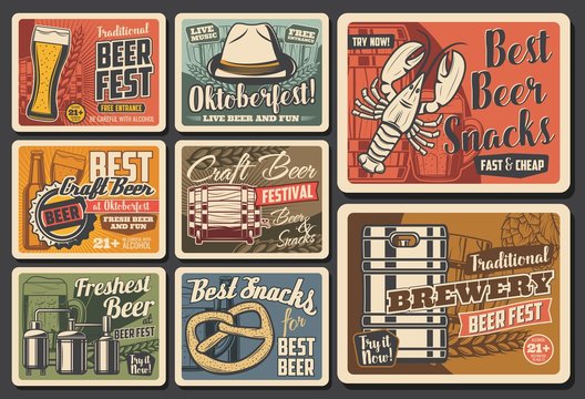 Oktoberfest beer festival pub alcohol drink vector retro posters. Mugs, glass and bottles of German fest craft beer, pretzel and brewery barrels of ale and lager, barley and malt, hop and wheat