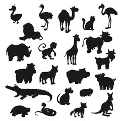 Naklejka premium Cartoon animals, isolated black silhouettes. Vector wild lion, fox, safari giraffe and monkey, farm cow, goat, pig, dog and cat. Duck and croc, ostrich and flamingo, rhino, camel, snake and turtle