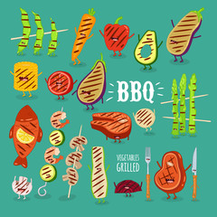 barbecue vegetbles fish funny set. Vector illustration.
