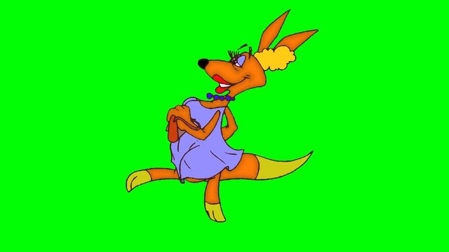 Cartoon characters in motion - a family of kangaroos-dad, mom, daughter and son, running in a cycle on the background of a green chromakey.