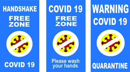 Coronavirus free zone sticker, banner. Quarantine covid 19. Wash your hands, no handshakes, keep your distance. Design Banner, Template or Flyer.