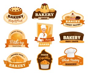 Naklejka premium Baker, pastry and bread isolated icons of bakery vector design. Bread, croissant and baguette, cake, cupcake, donut and muffin, pie, cereal bun and cheesecake, toque, chef hat and rolling pin emblems