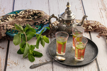 Glasses of mint tea on a tray