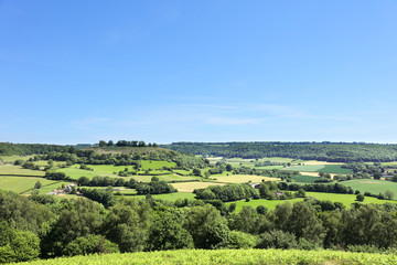 View of the countryside in the Cam Long Down from Cam Peak, Cotswolds, Gloucestershire, UK