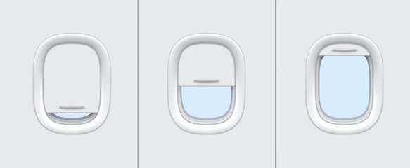 Plane or airplane windows realistic vector mockup of aircraft cabin interior design. Portholes with white plastic frames, closed and open blinds 3d template of passenger aircraft transportation themes