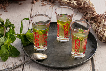 Glasses of mint tea on a tray