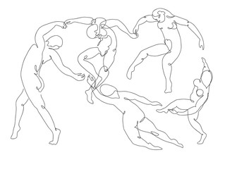 Continuous line drawing Matisse Dance masterpiece of impressionism painting inspired. Black and white hand drawn line art. Abstract outline vector illustration.