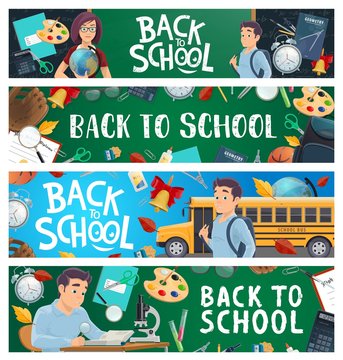 School education banners cartoon with pupil, teacher and school bus. Vector set of educational blackboards with back to school learning stationery, textbooks, sport equipment, rucksack and fall leaves