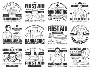 Bandages of injury and fracture vector icons of first aid bandaging. Traumatology medical emergency symbols with bandages of arm or leg bone fractures, elbow or knee joint sprains, head, nose injuries