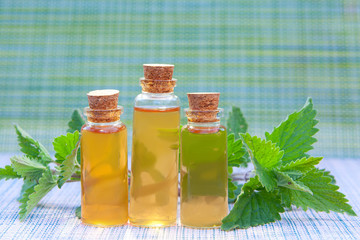 catmint essential oil in  beautiful bottle on table