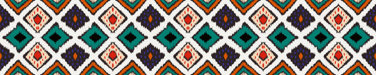 Ikat geometric folklore ornament with diamonds. Tribal ethnic vector texture. Seamless striped pattern in Aztec style. Folk embroidery. Indian, Scandinavian, Gypsy, Mexican, African rug.
