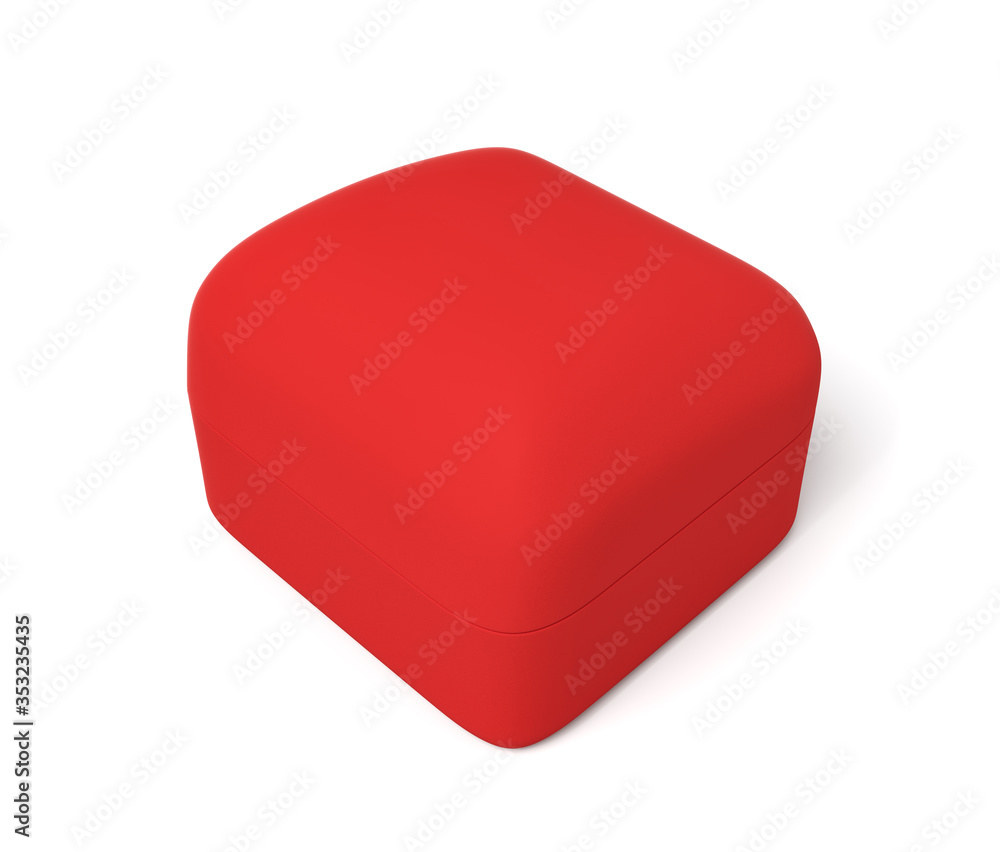 Poster 3d close-up rendering of closed red ring box on white background.