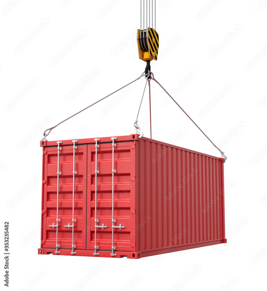 Poster 3d rendering of closed red cargo container suspended from crane, isolated on white background.