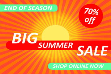 Poster summer sale, end of season, special offer. Invitation banner discounts. Design bright with sunshine and sunbeams.