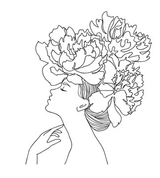 Woman profile with peony flowers in her hair. Portrait female beauty concept. Continuous line drawing vector illustration