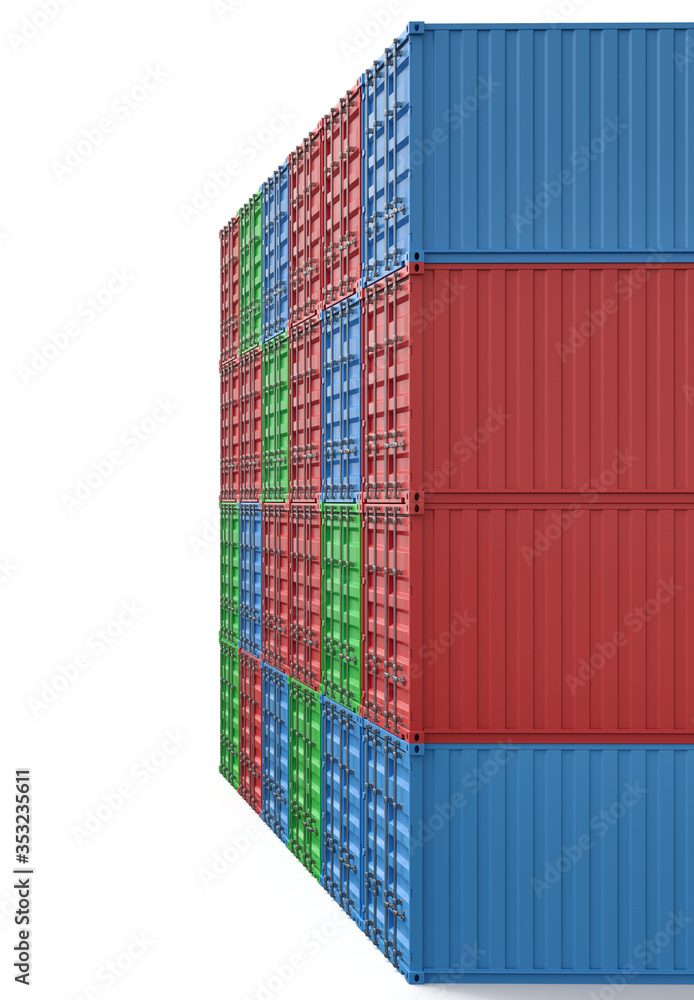 Poster 3d rendering of many closed blue, orange, green and red cargo containers stacked on one another on w