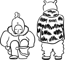 kids plaing in the garden. black and white sketch. winter walk. warm clothes. 