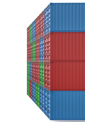 3d rendering of many closed blue, orange, green and red cargo containers stacked on one another on white background.