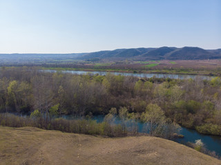 Danube Canal Tisa Danube Connects to the Karas river. Aerial photography.Zagajicka hills.