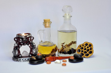 spa still life with essential oils and flowers