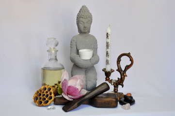 spa still life with essential oils and flowers